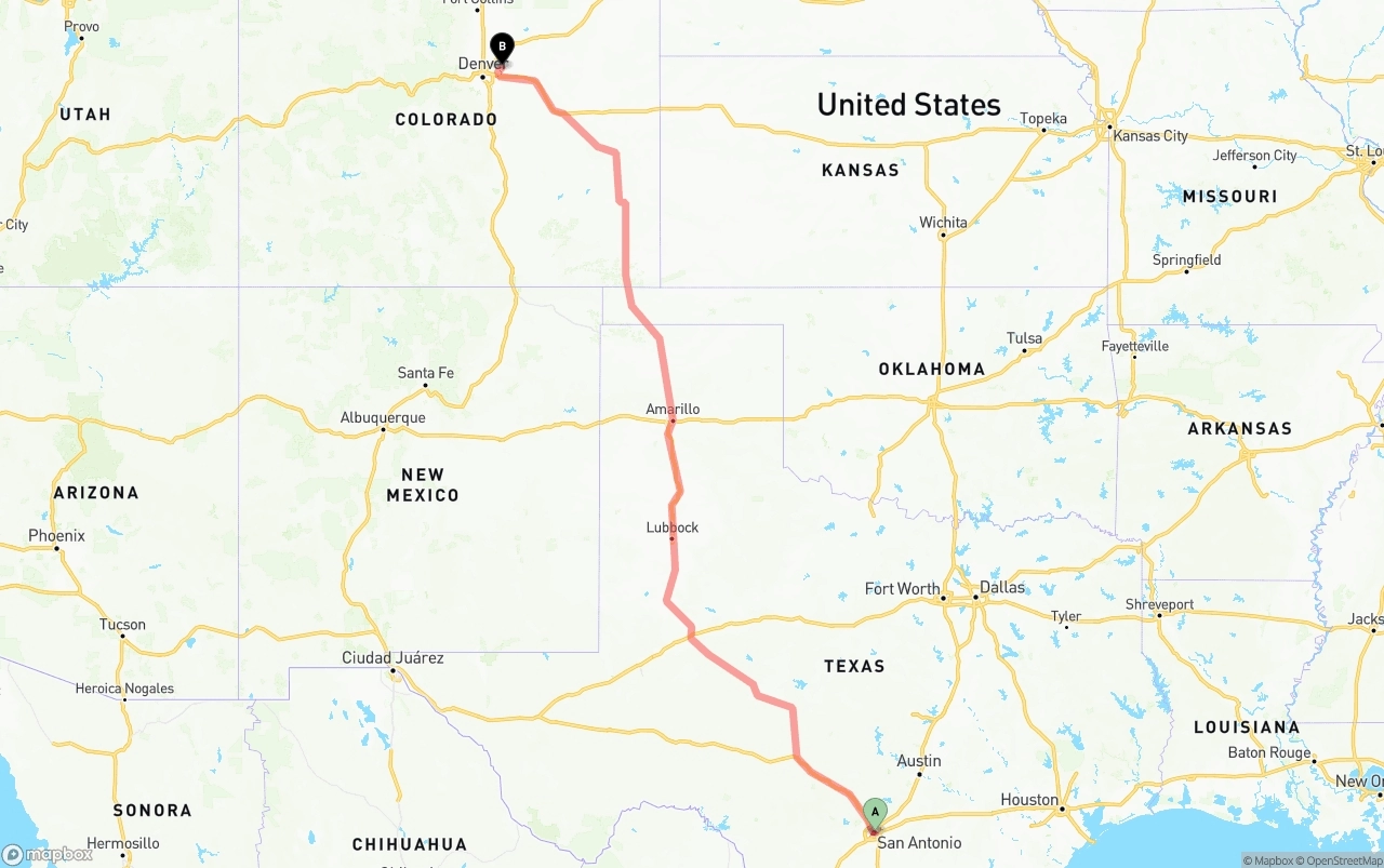 Shipping route from San Antonio to Denver International Airport