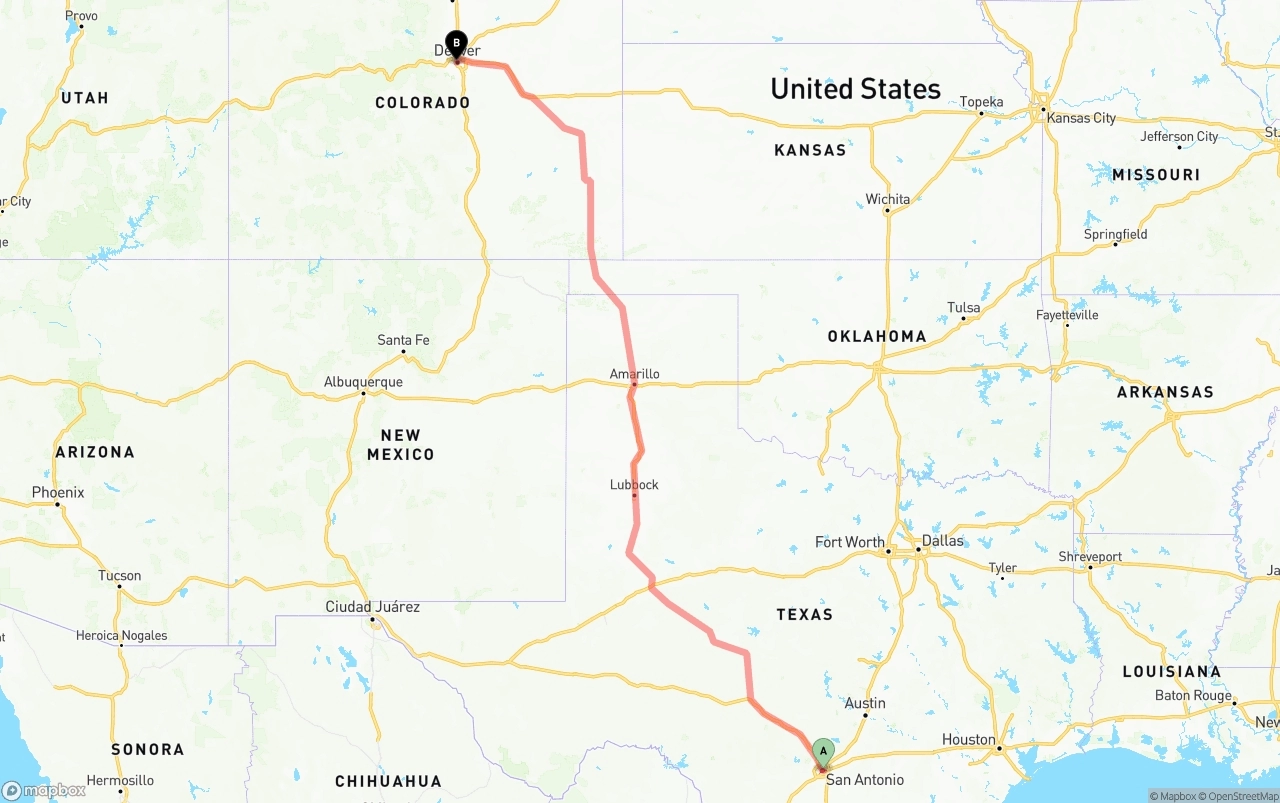 Shipping route from San Antonio to Denver