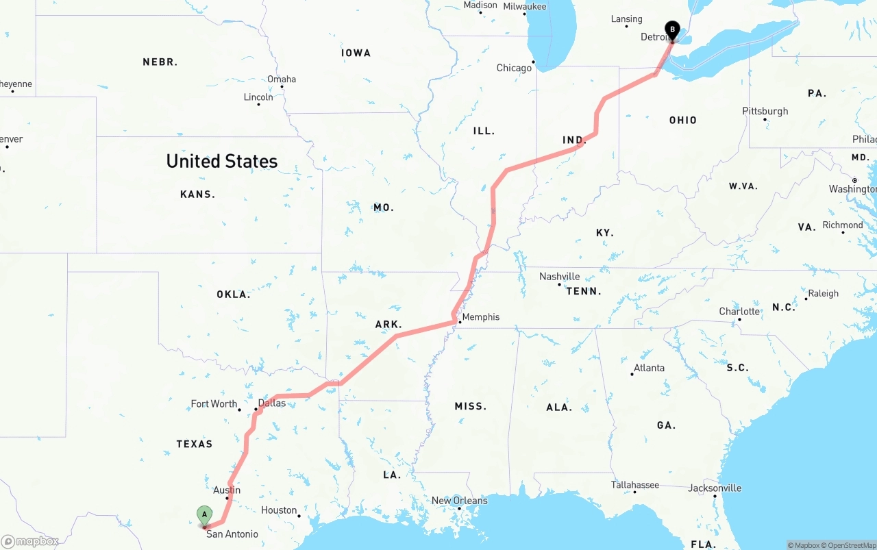 Shipping route from San Antonio to Detroit