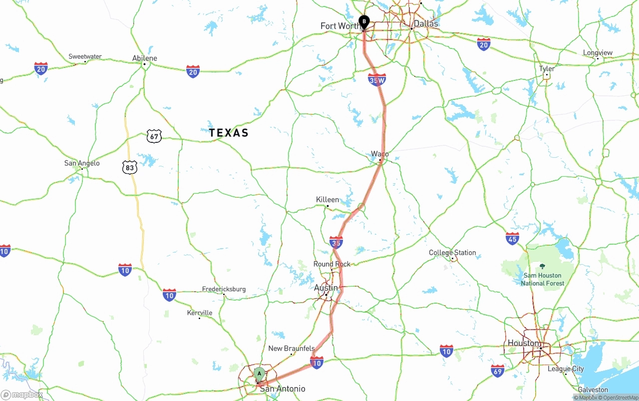 Shipping route from San Antonio to Fort Worth