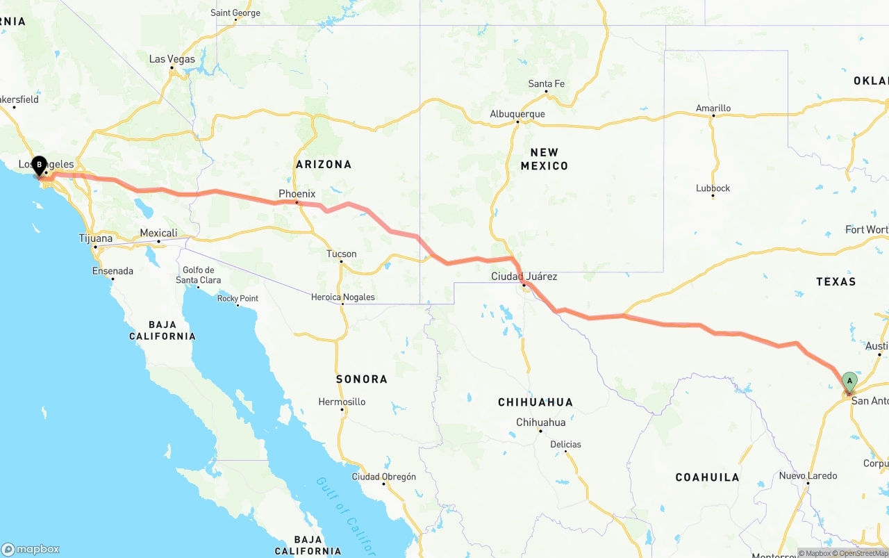 Shipping route from San Antonio to Los Angeles International Airport