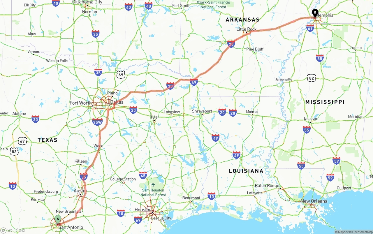 Shipping route from San Antonio to Memphis