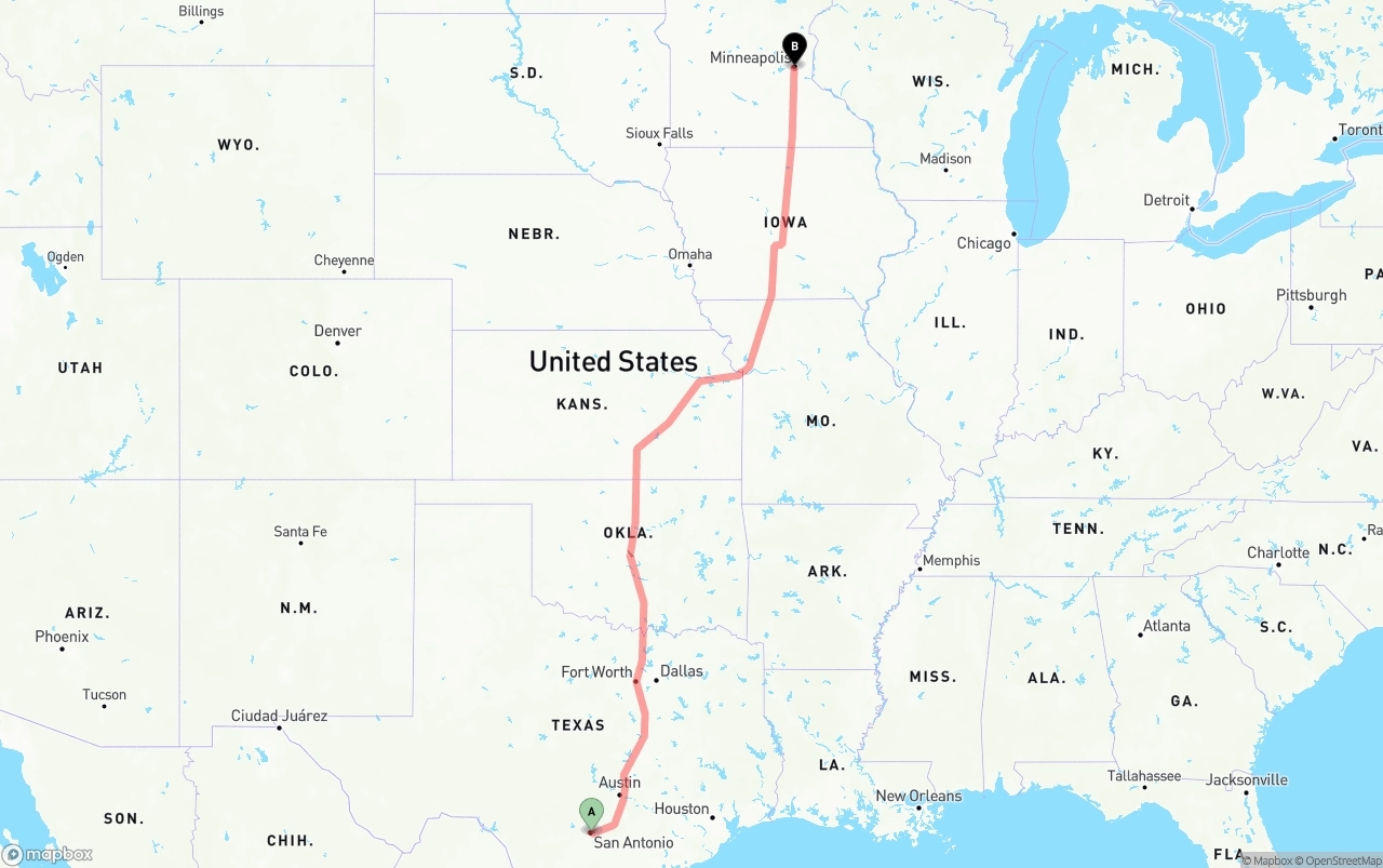 Shipping route from San Antonio to Minneapolis