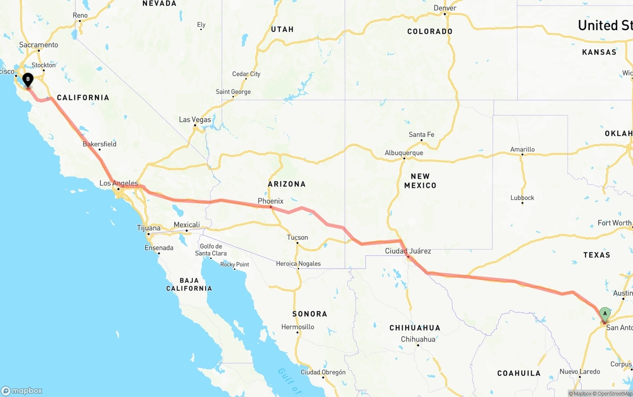 Shipping route from San Antonio to Norman Y. Mineta San Jose International Airport