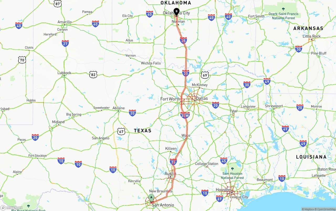 Shipping route from San Antonio to Oklahoma City