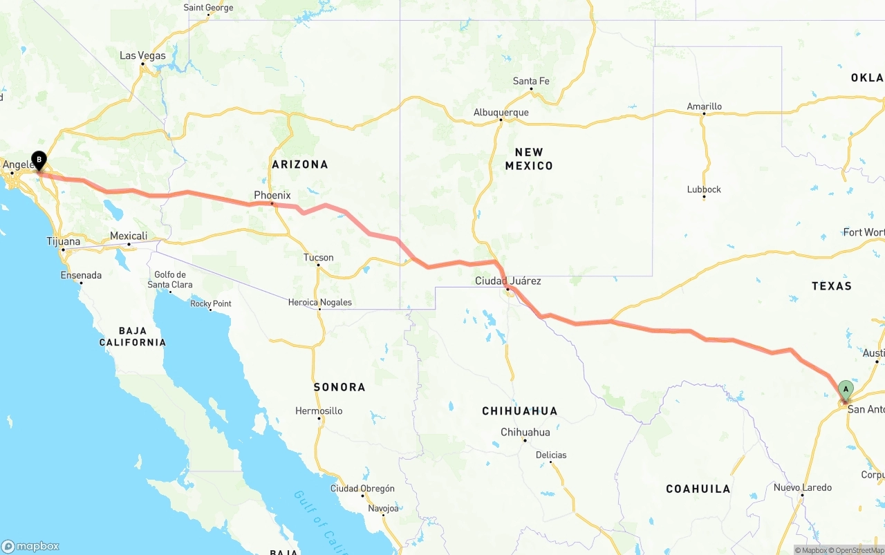 Shipping route from San Antonio to Ontario International Airport