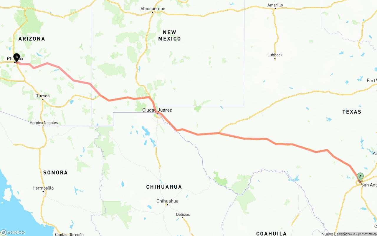 Shipping route from San Antonio to Phoenix Sky Harbor International Airport