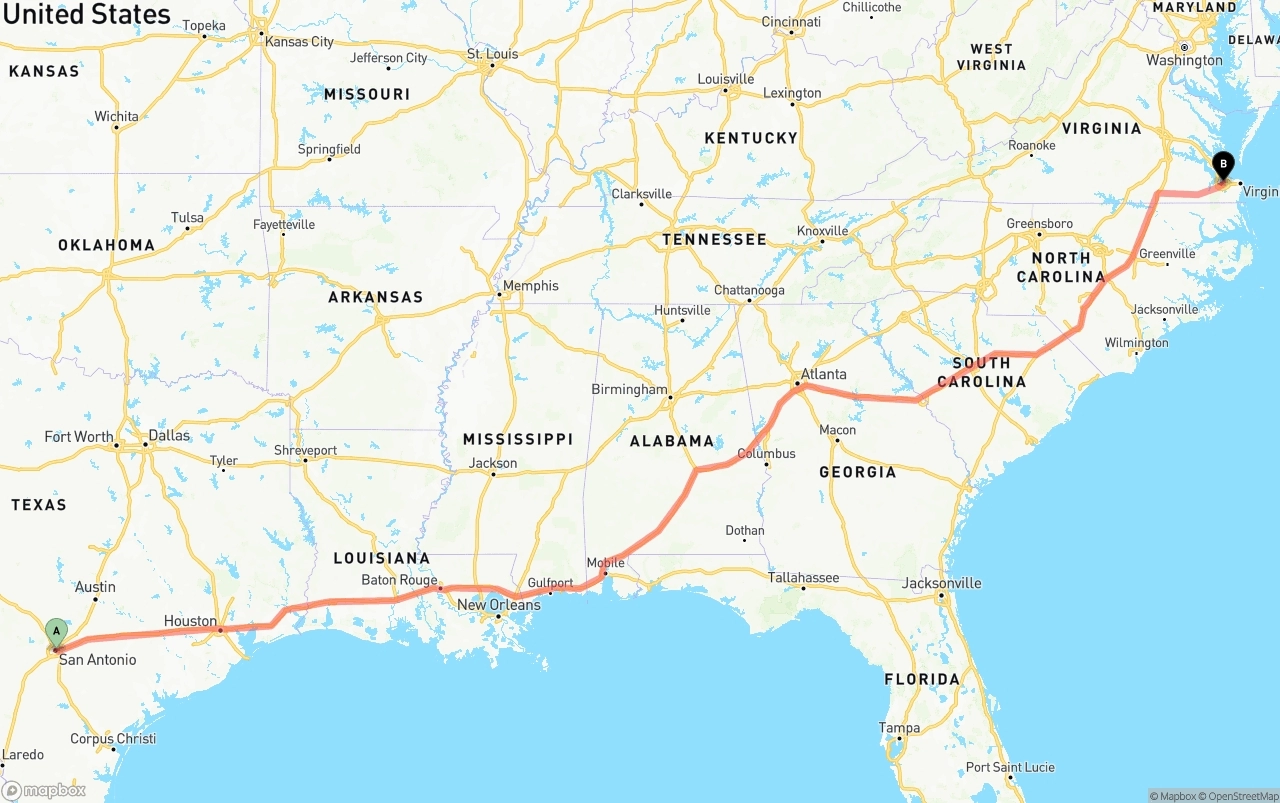 Shipping route from San Antonio to Port of Norfolk