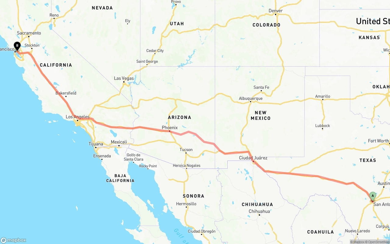 Shipping route from San Antonio to Port of Oakland