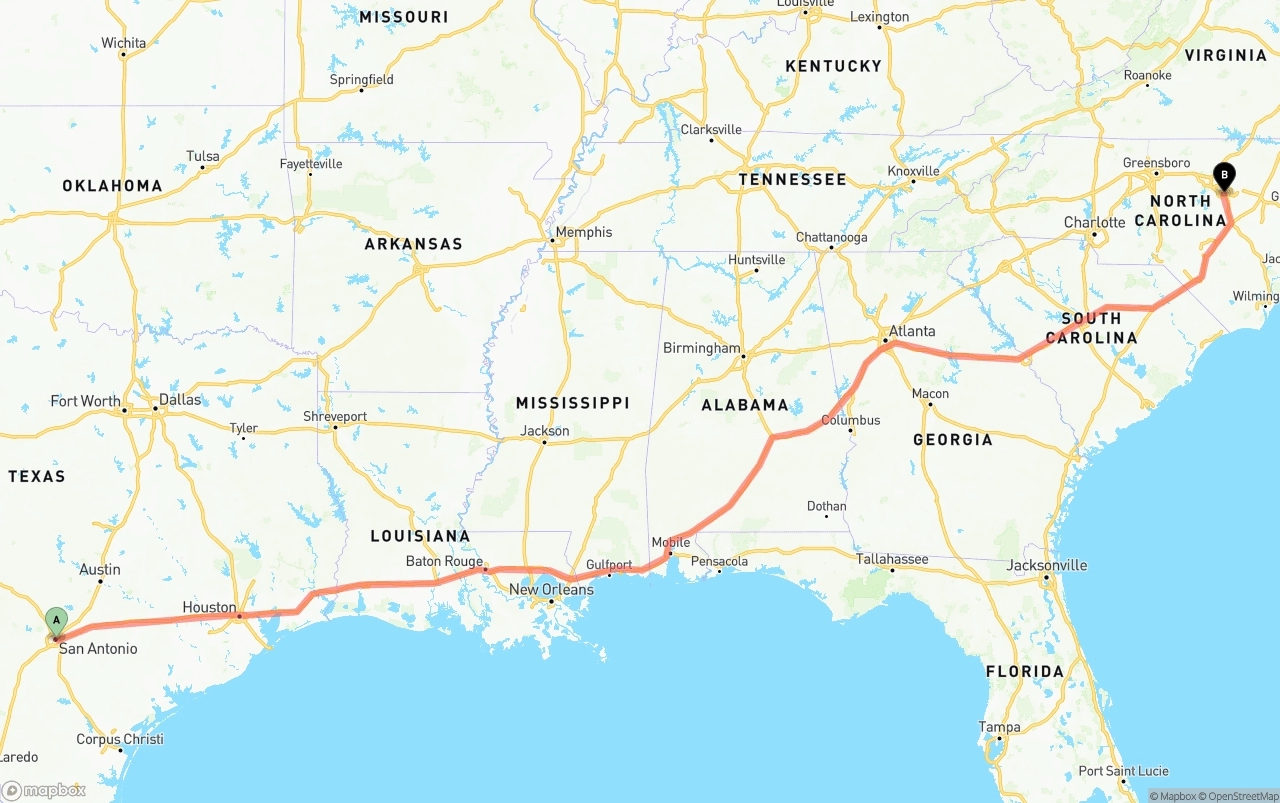 Shipping route from San Antonio to Raleigh