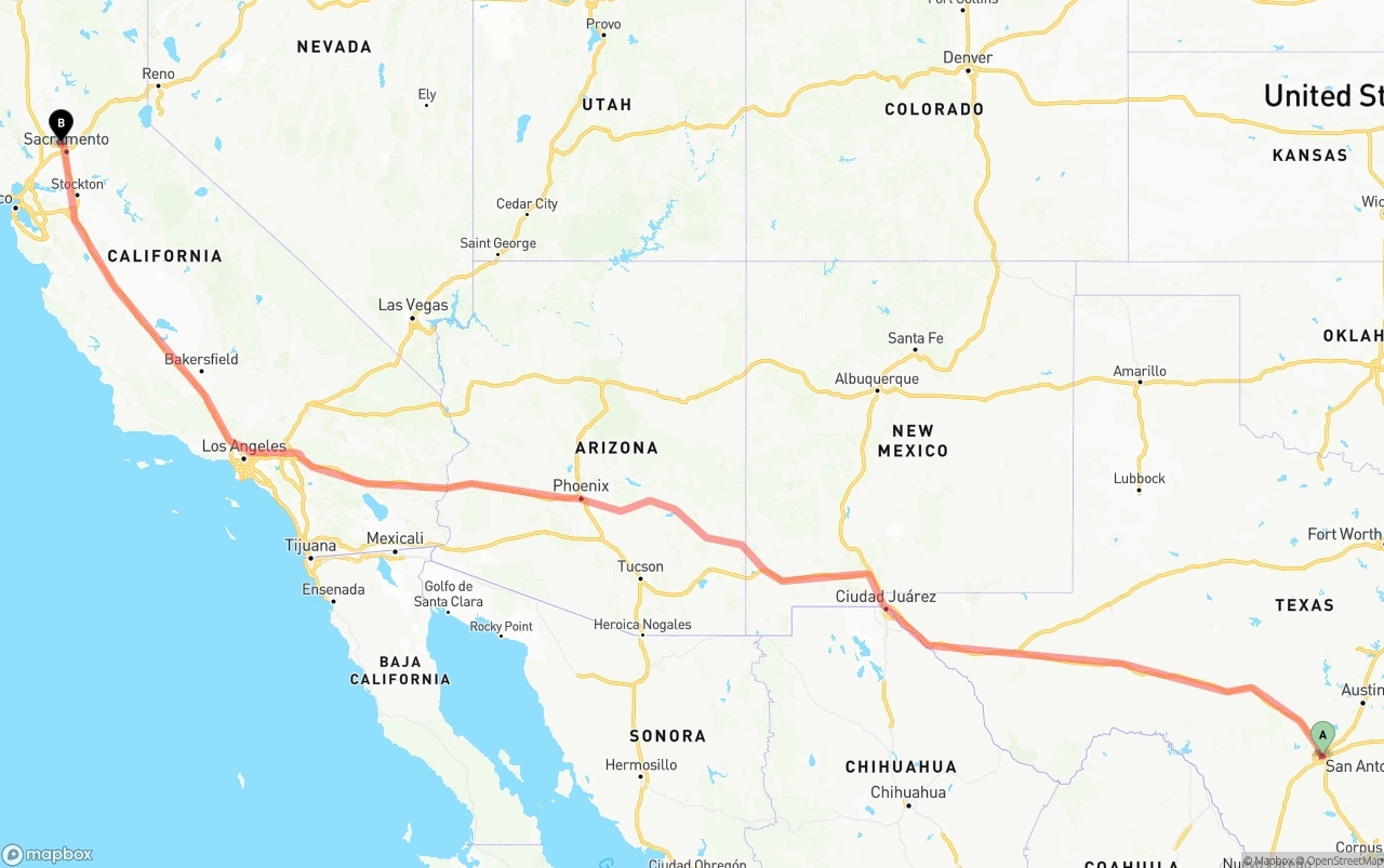Shipping route from San Antonio to Sacramento International Airport
