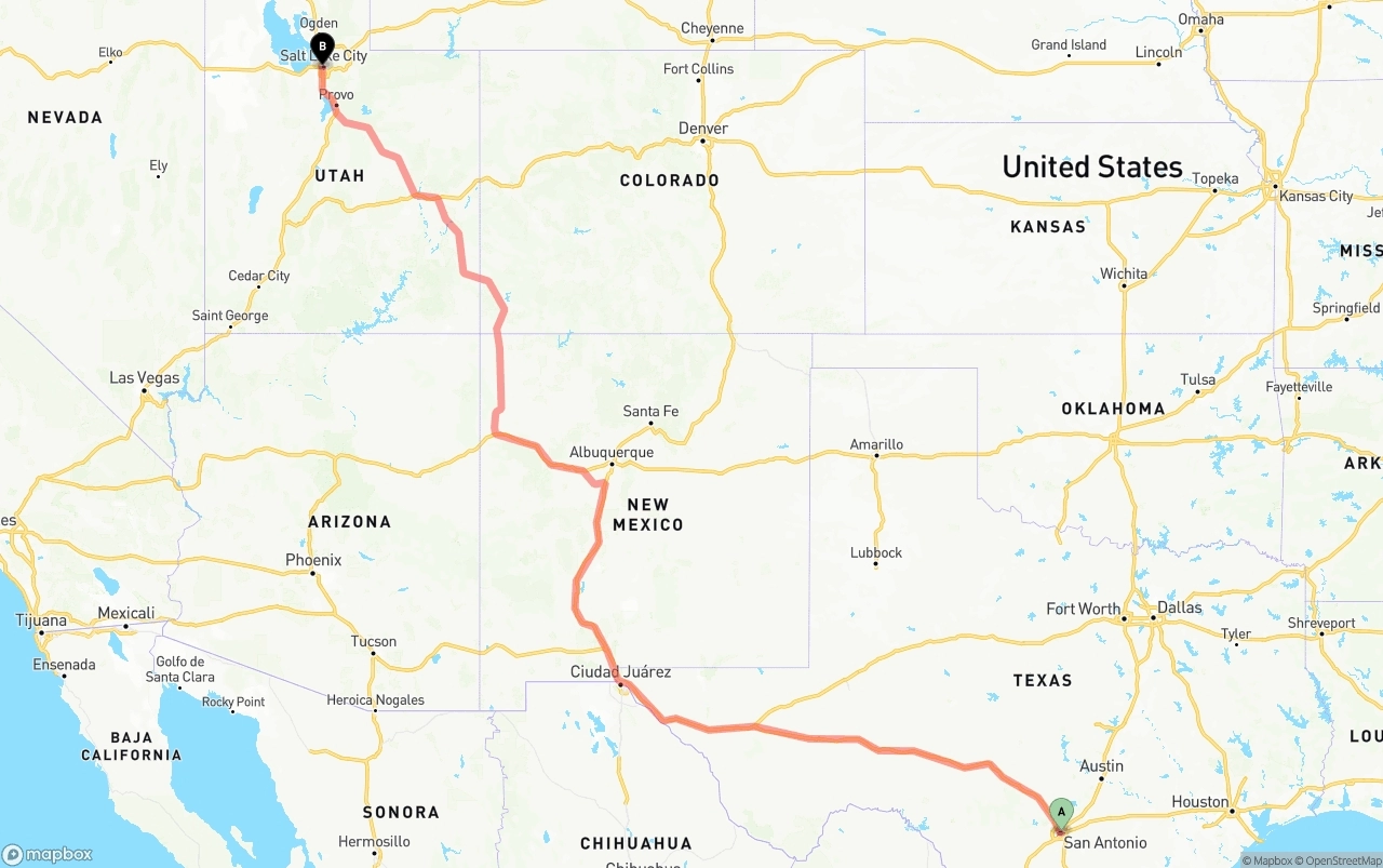 Shipping route from San Antonio to Salt Lake City