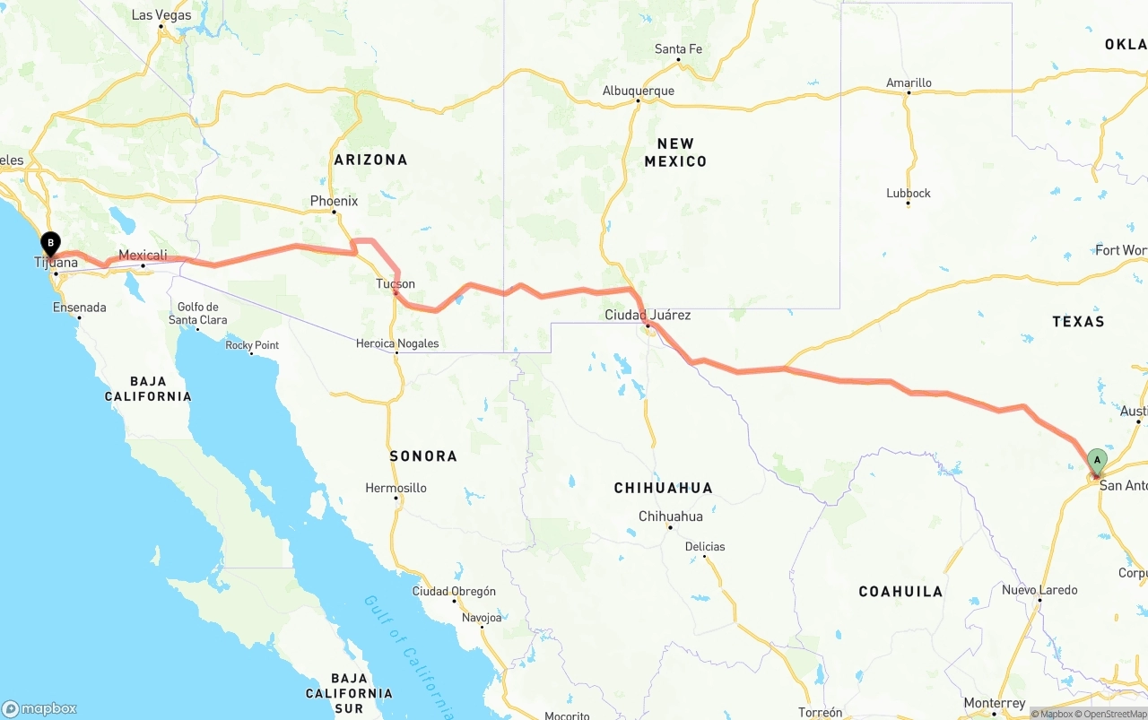Shipping route from San Antonio to San Diego