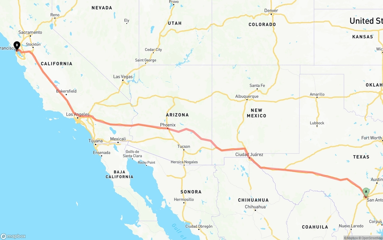 Shipping route from San Antonio to San Francisco