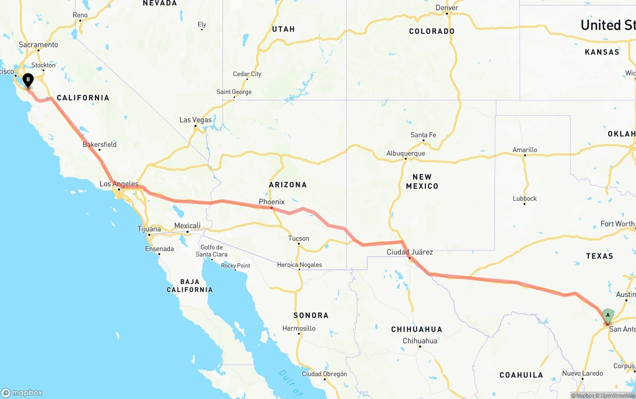 Shipping route from San Antonio to San Jose
