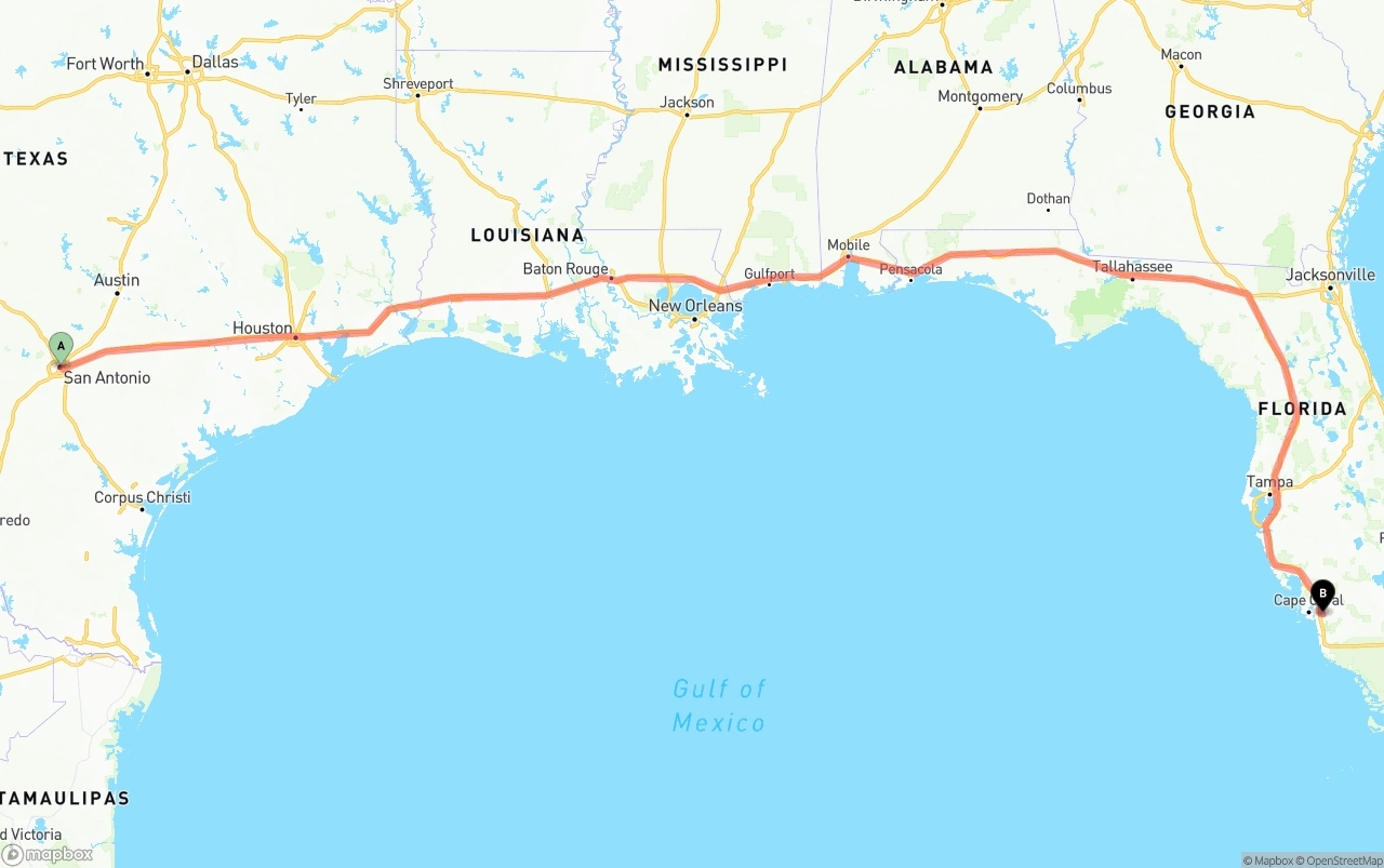 Shipping route from San Antonio to Southwest Florida International Airport