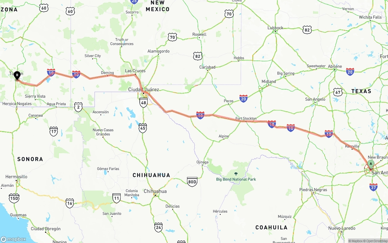Shipping route from San Antonio to Tucson International Airport