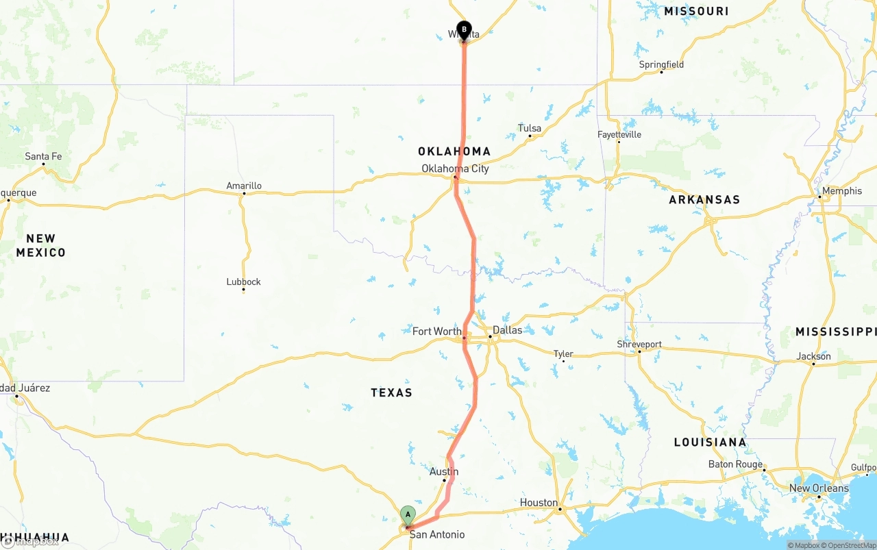 Shipping route from San Antonio to Wichita