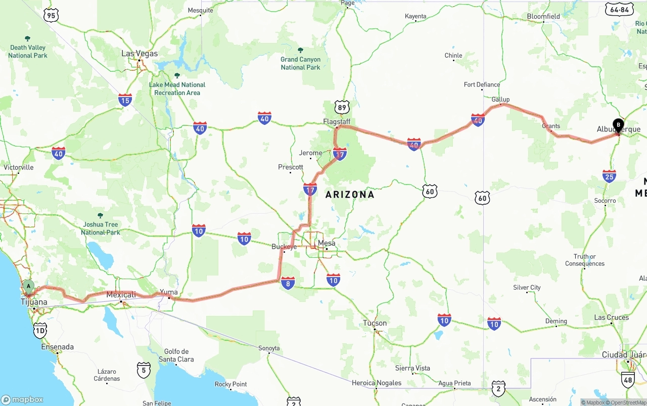 Shipping route from San Diego to Albuquerque