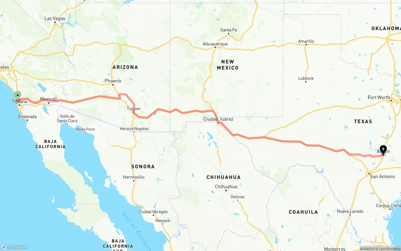 Shipping route from San Diego to Austin
