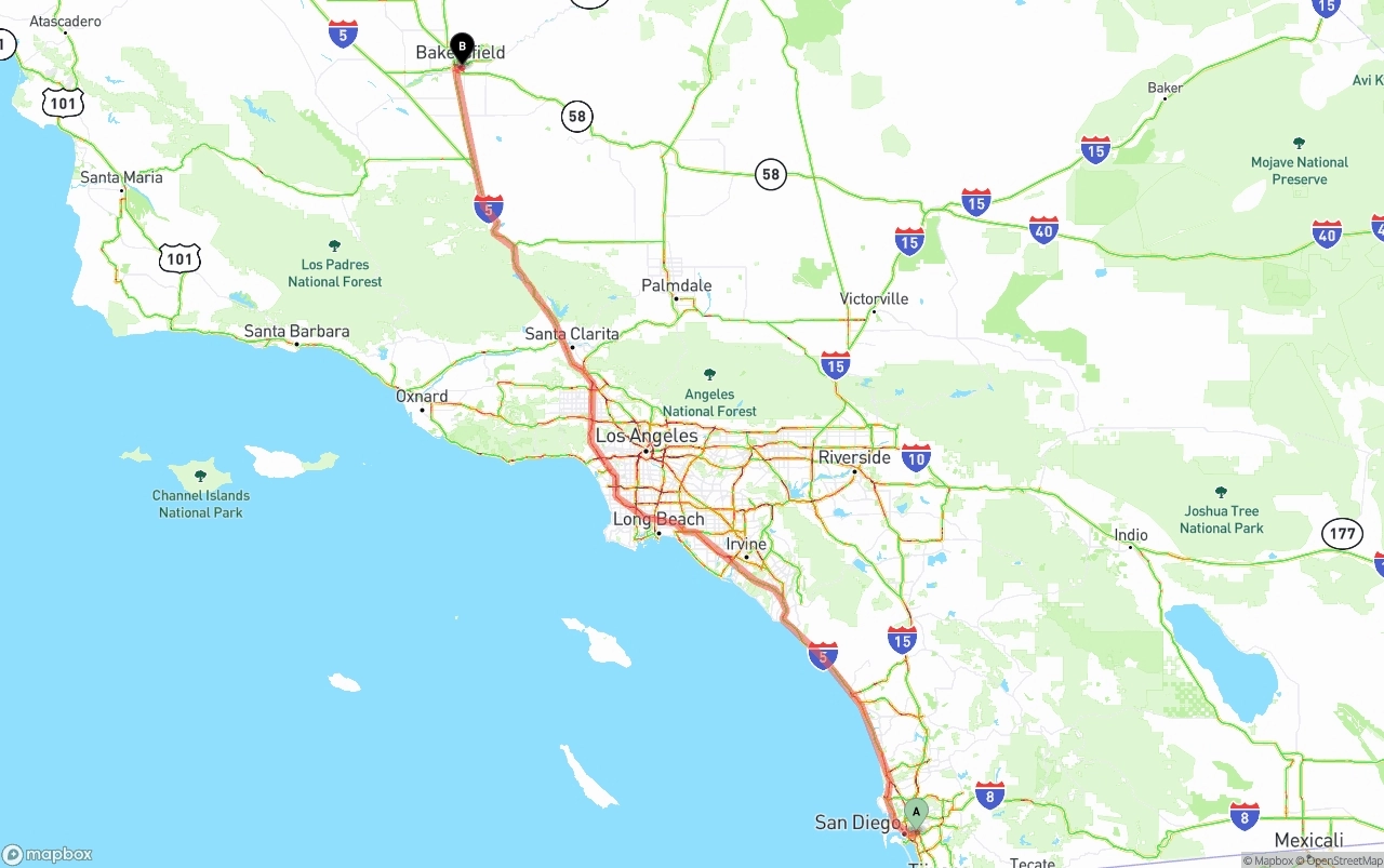 Shipping route from San Diego to Bakersfield