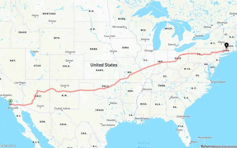 San Diego to Bradley International Airport freight shipping route map
