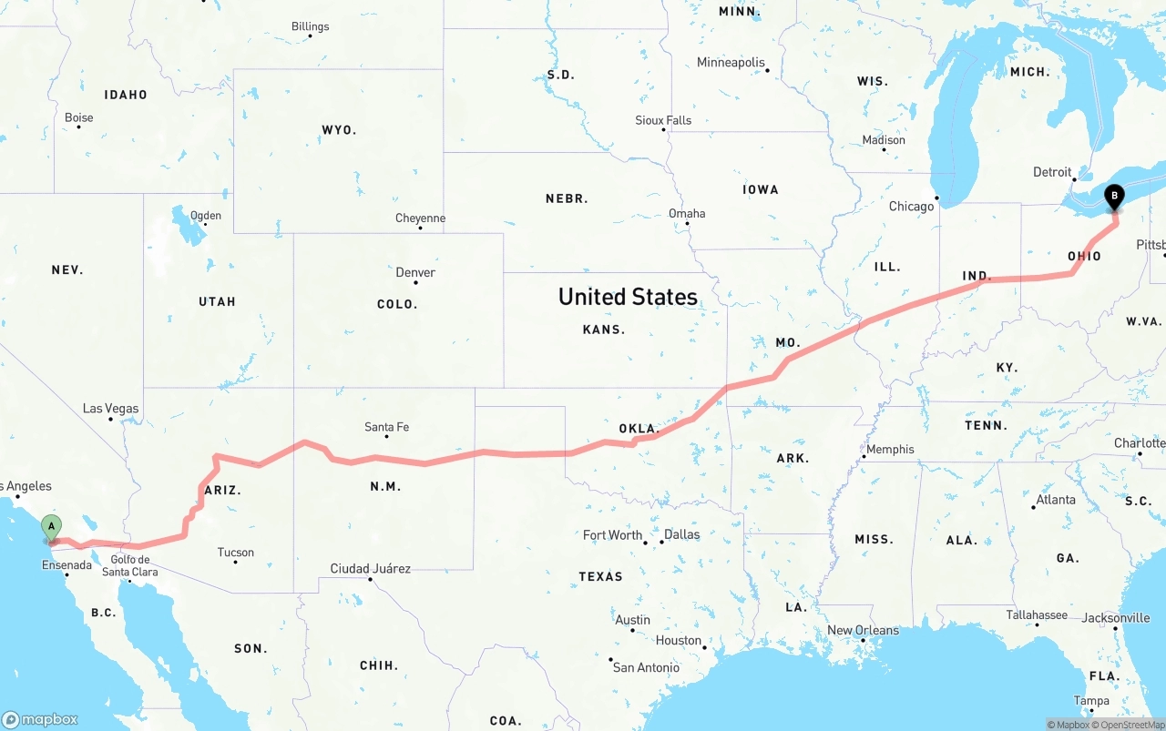 Shipping route from San Diego to Cleveland
