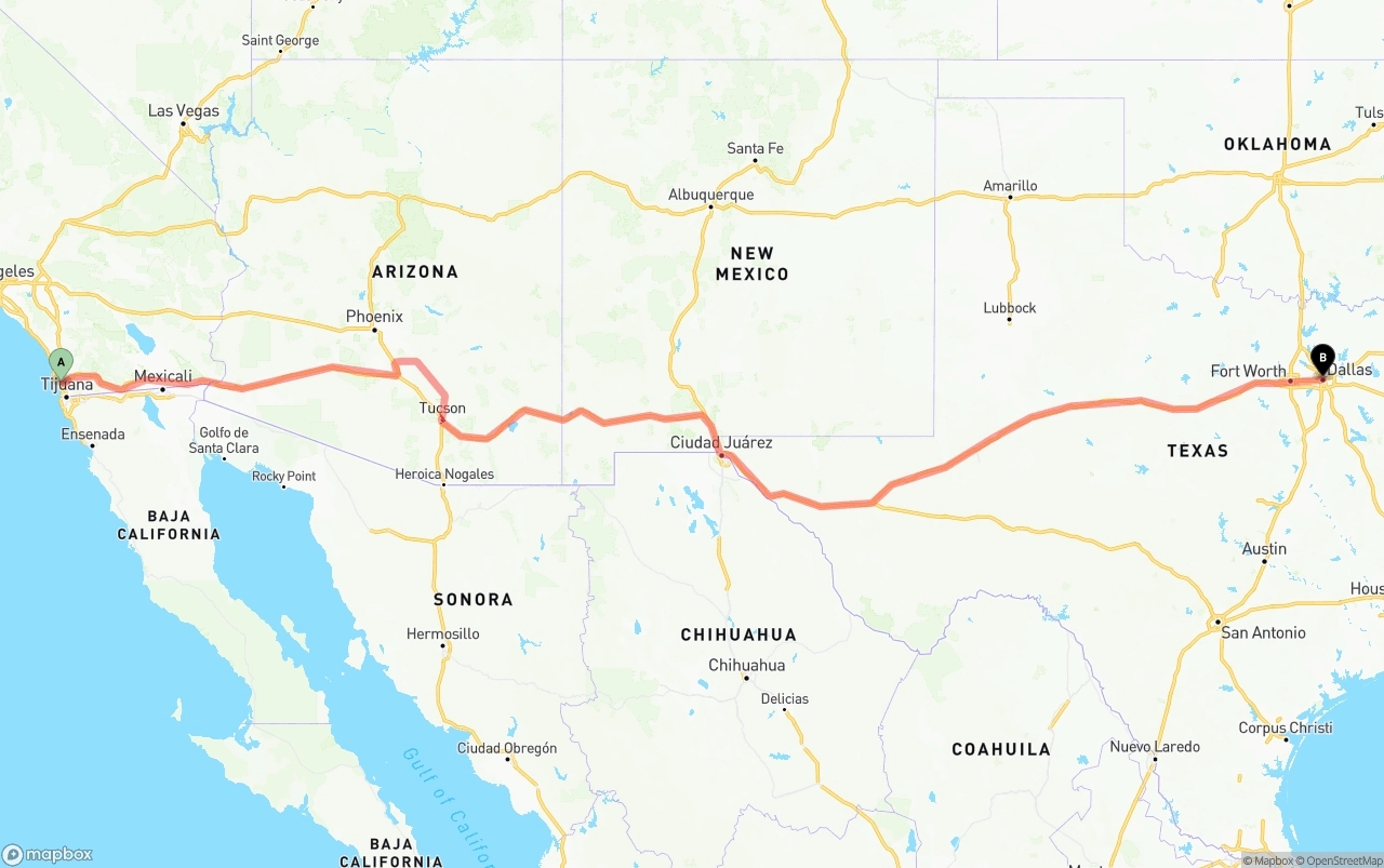 Shipping route from San Diego to Dallas
