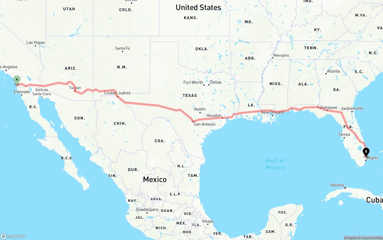 Shipping route from San Diego to Fort Lauderdale-Hollywood International Airport