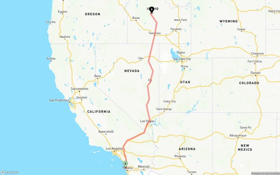 San Diego International Airport to Idaho freight shipping route map