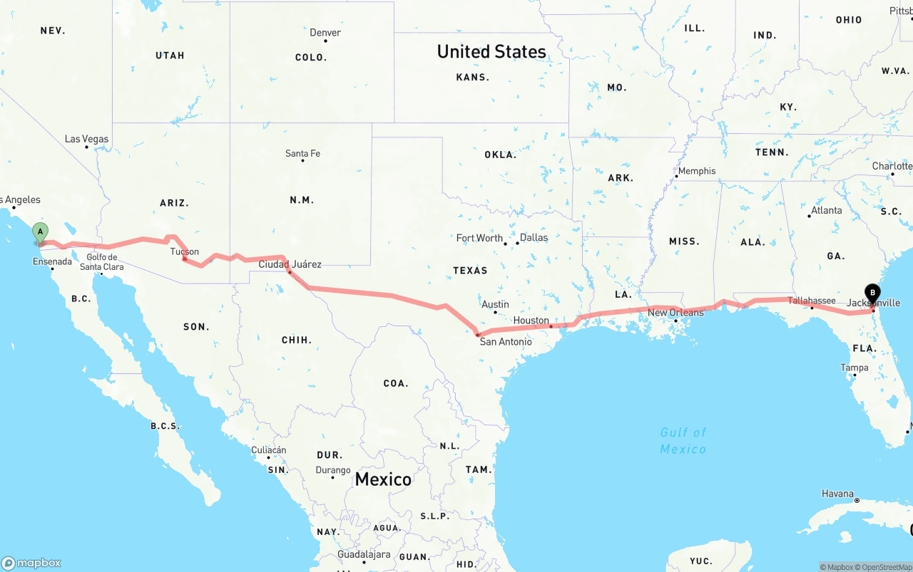 Shipping route from San Diego to Jacksonville International Airport