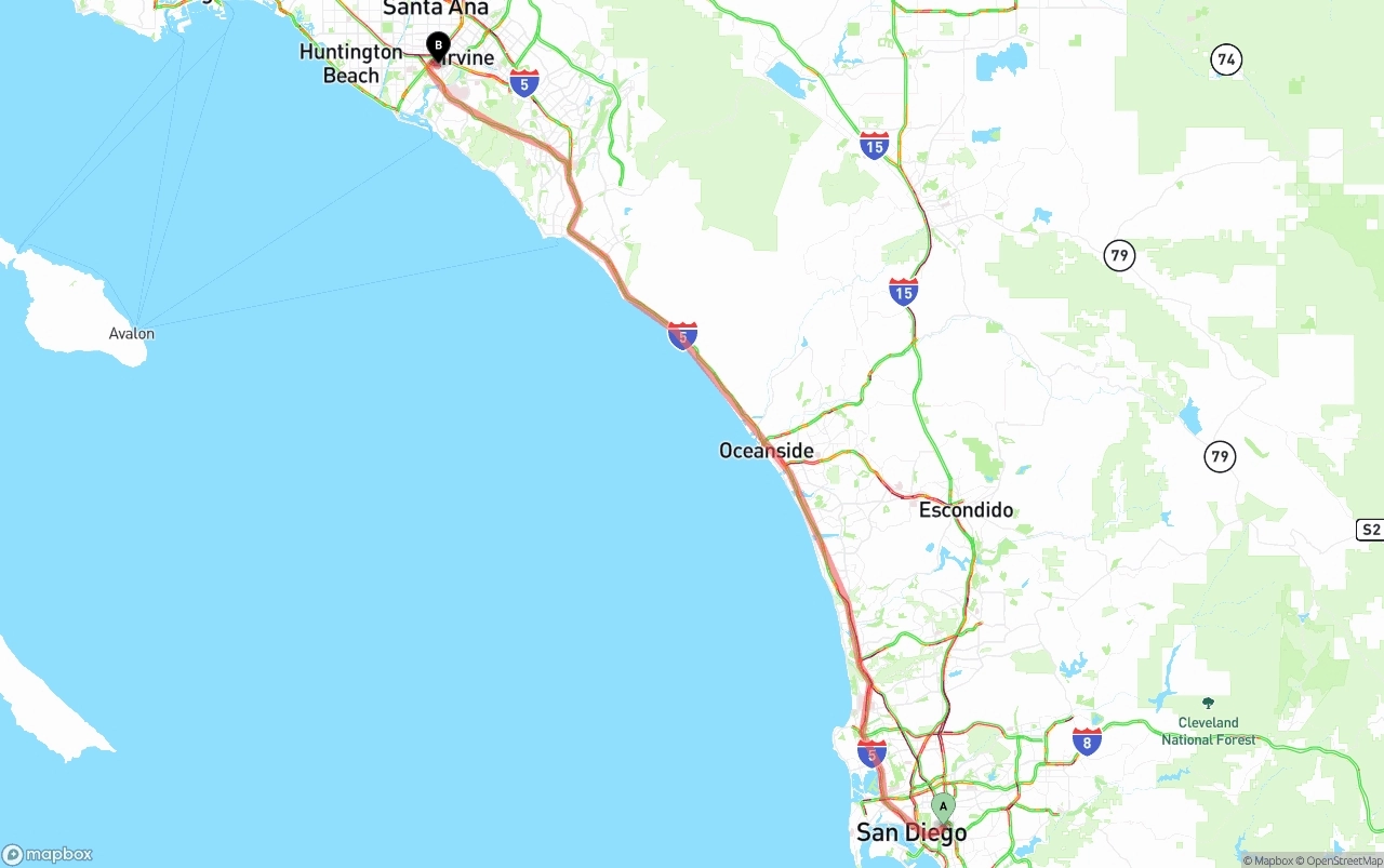 Shipping route from San Diego to John Wayne Airport — Orange County