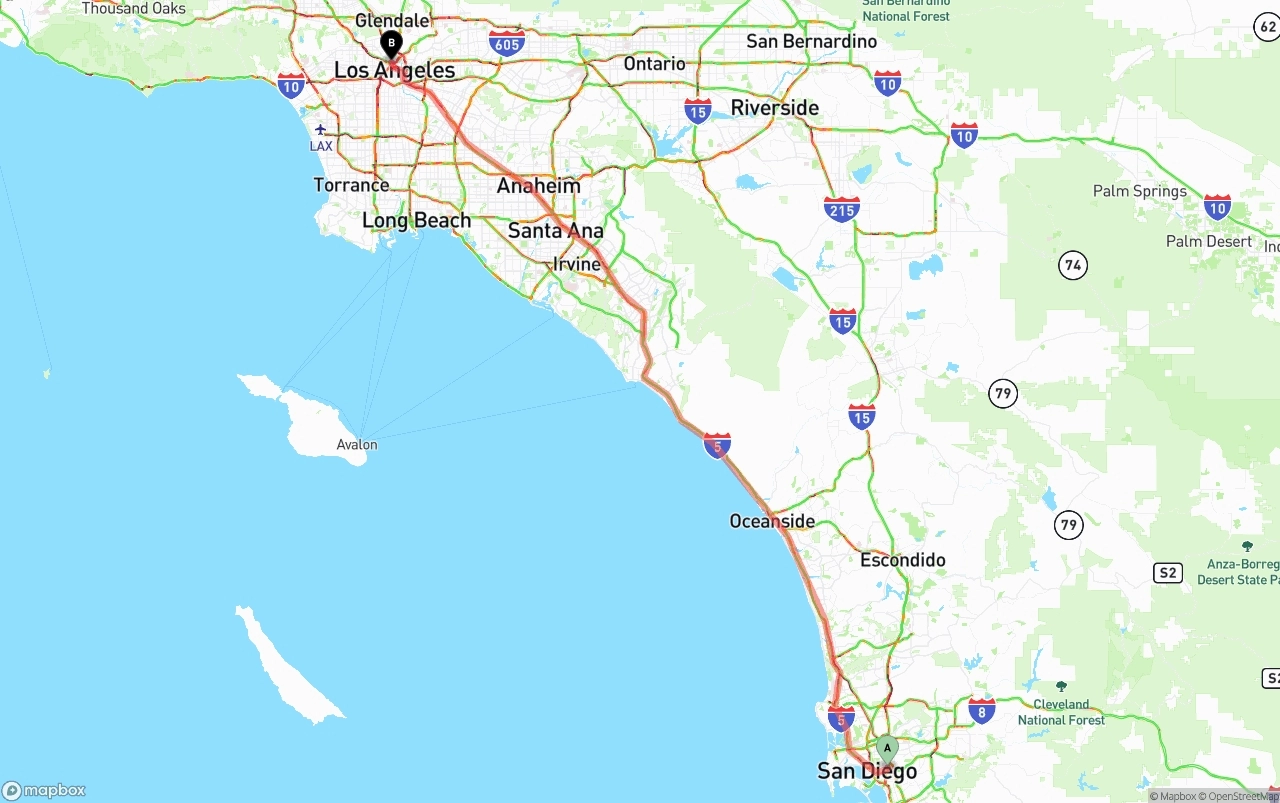 Shipping route from San Diego to Los Angeles
