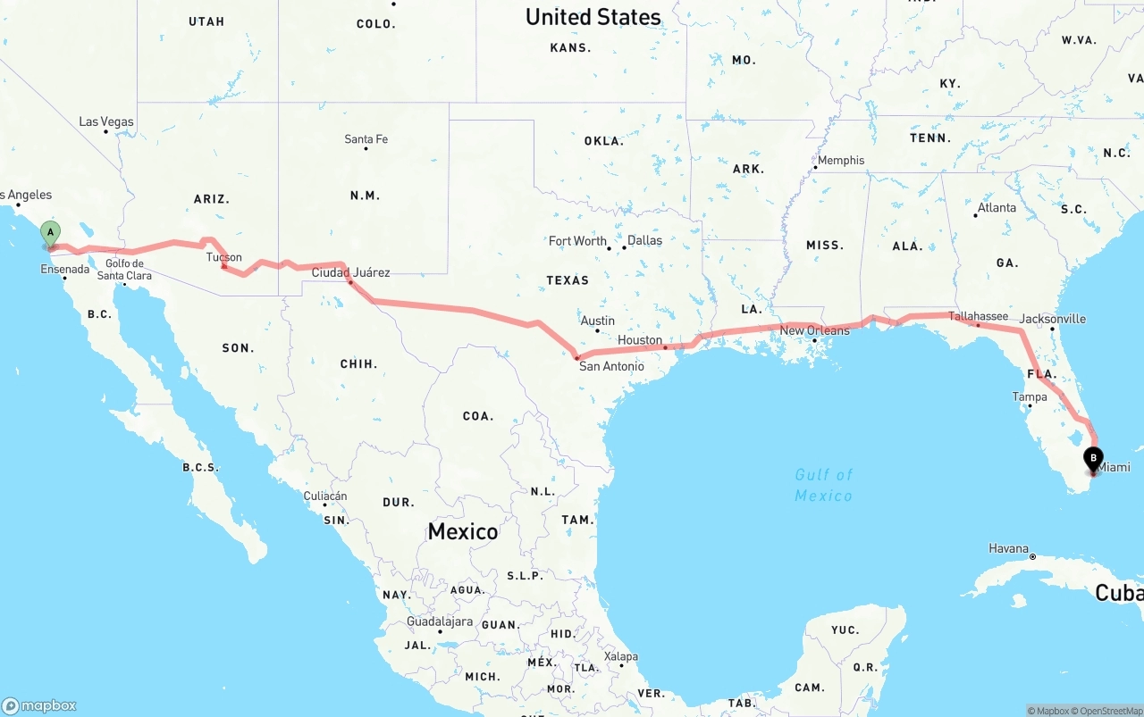 Shipping route from San Diego to Miami