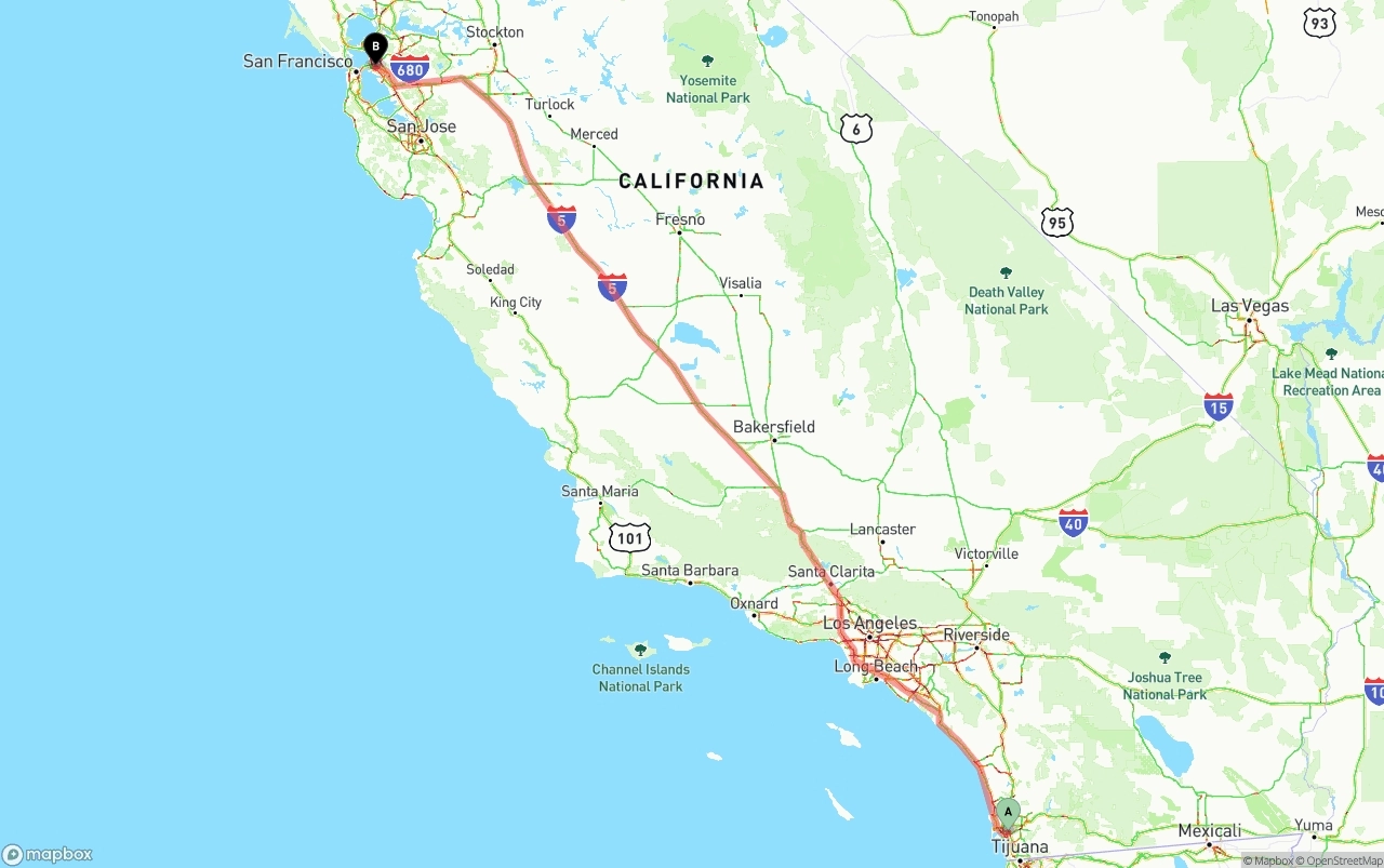Shipping route from San Diego to Oakland