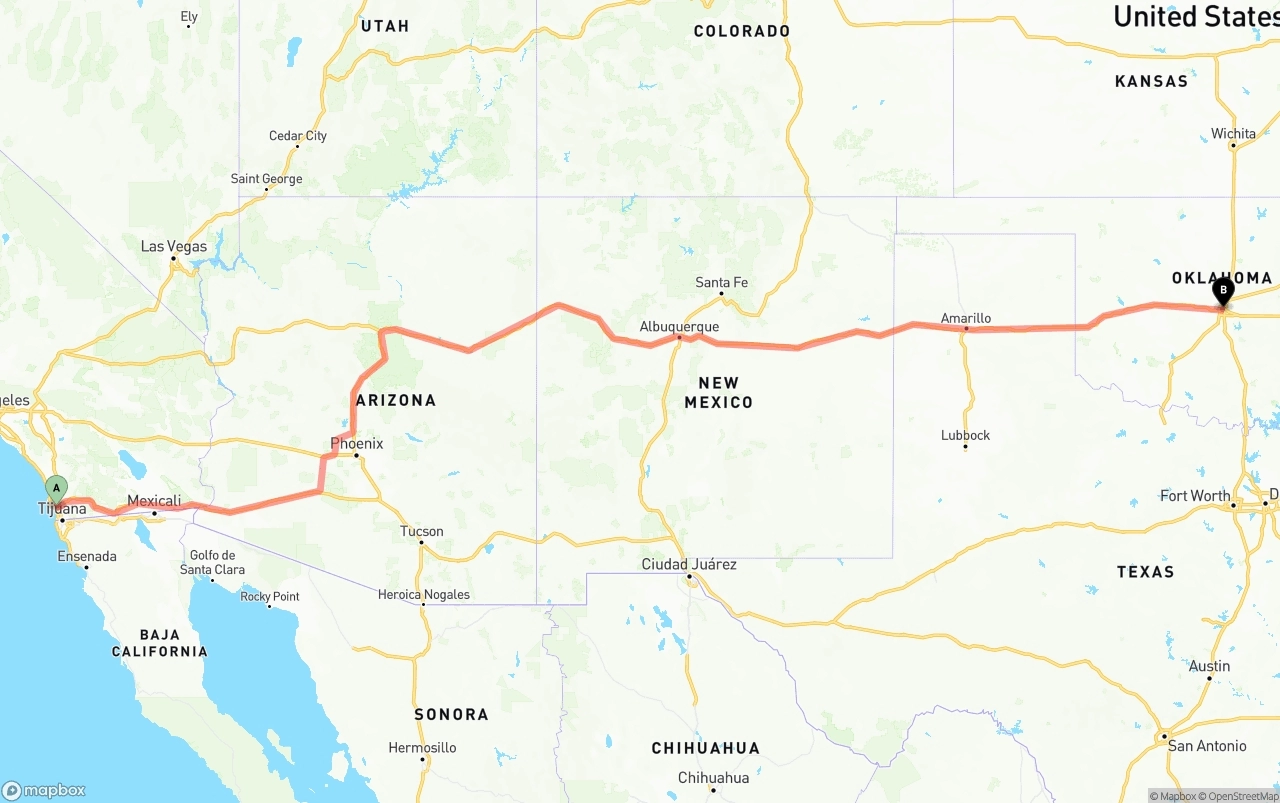 Shipping route from San Diego to Oklahoma City