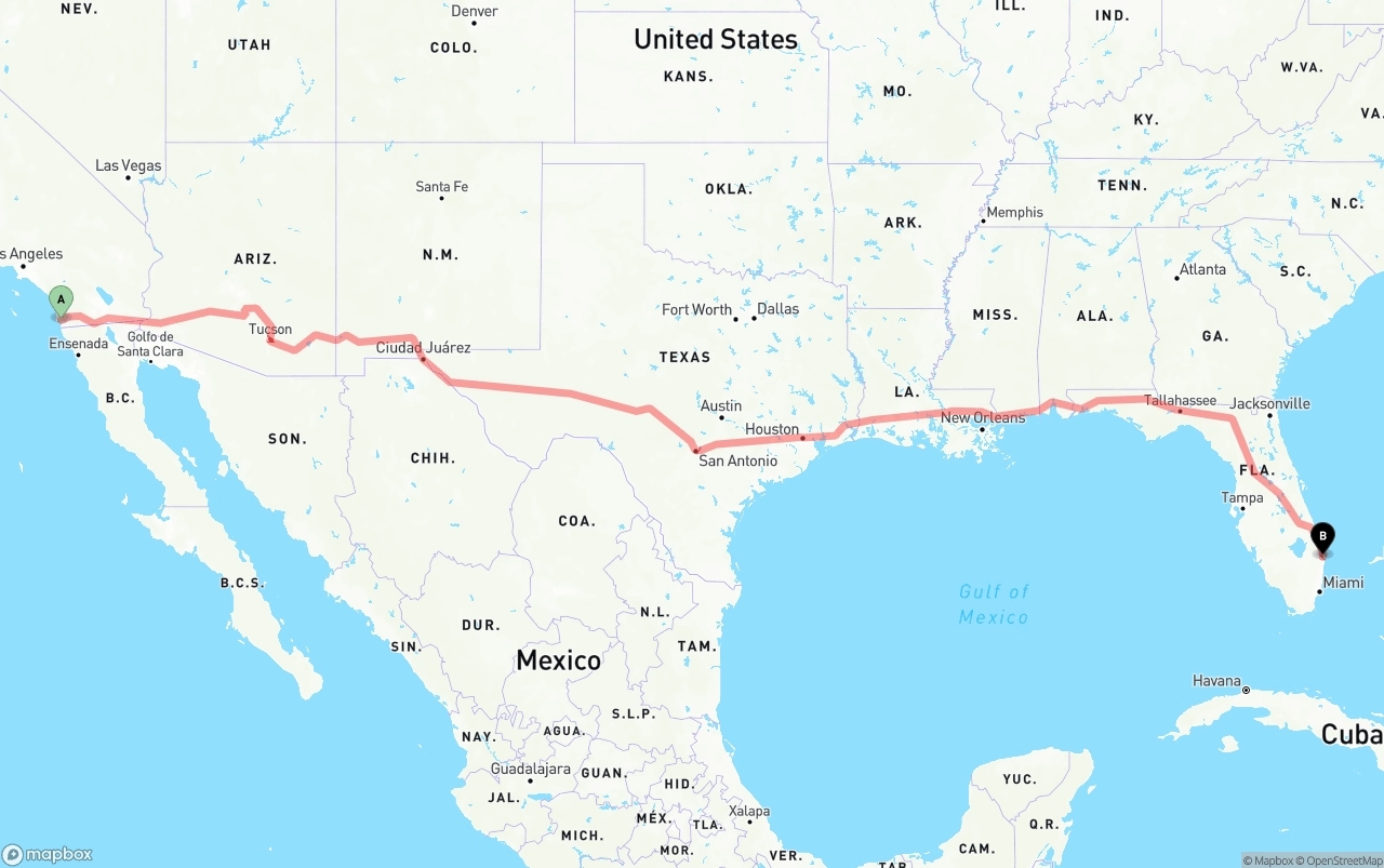 Shipping route from San Diego to Palm Beach International Airport