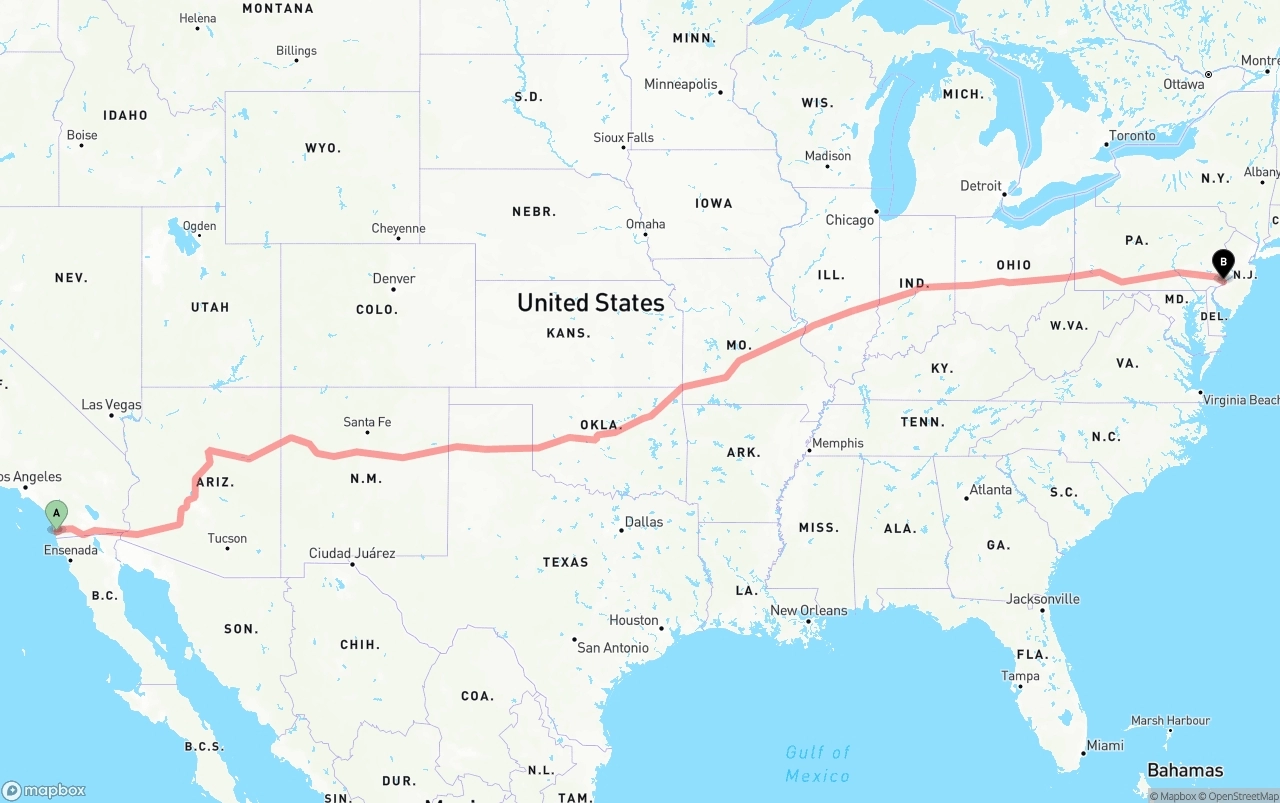 Shipping route from San Diego to Philadelphia