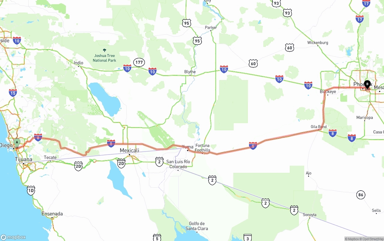 Shipping route from San Diego to Phoenix Sky Harbor International Airport