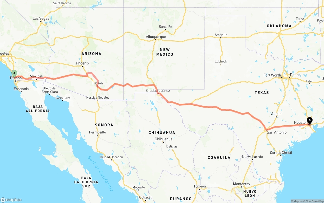 Shipping route from San Diego to Port of Houston