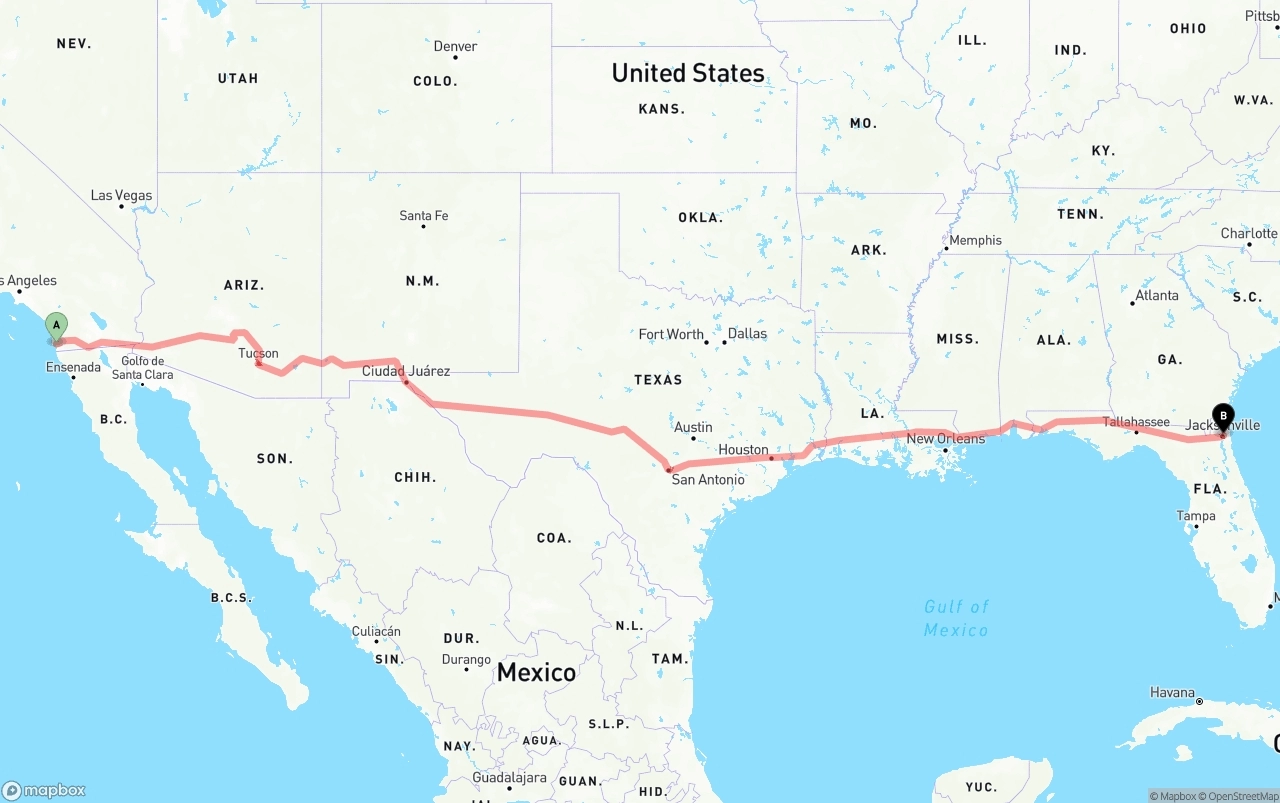 Shipping route from San Diego to Port of Jacksonville