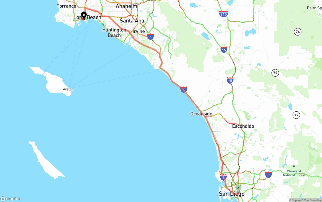 Shipping route from San Diego to Port of Long Beach