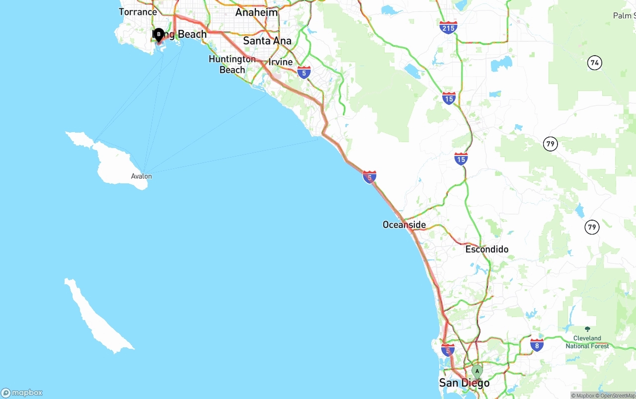 Shipping route from San Diego to Port of Los Angeles