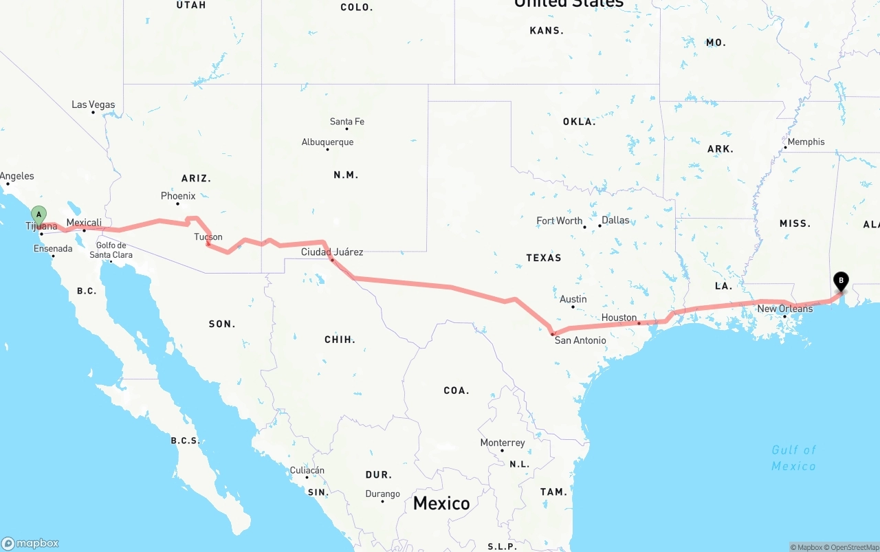 Shipping route from San Diego to Port of Mobile