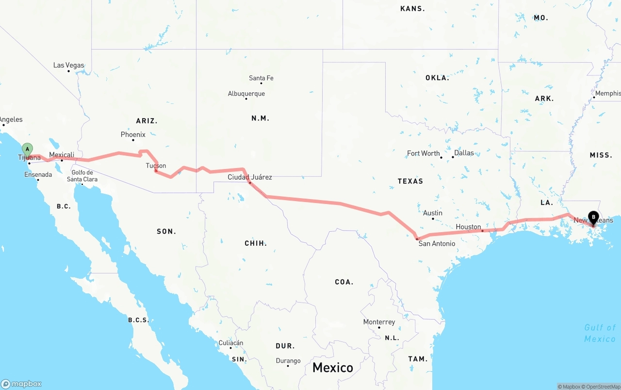 Shipping route from San Diego to Port of New Orleans