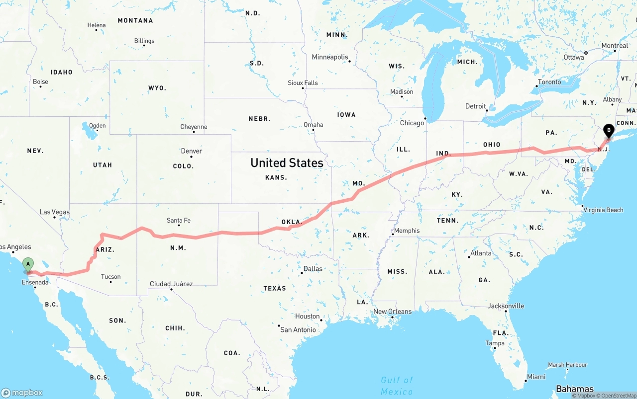 Shipping route from San Diego to Port of New York