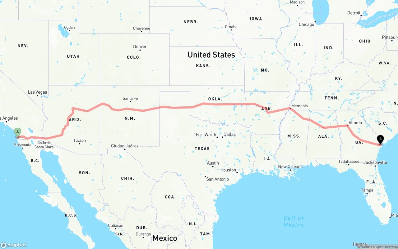 Shipping route from San Diego to Port of Savannah