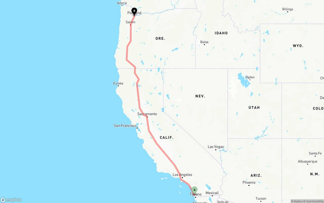 Shipping route from San Diego to Portland