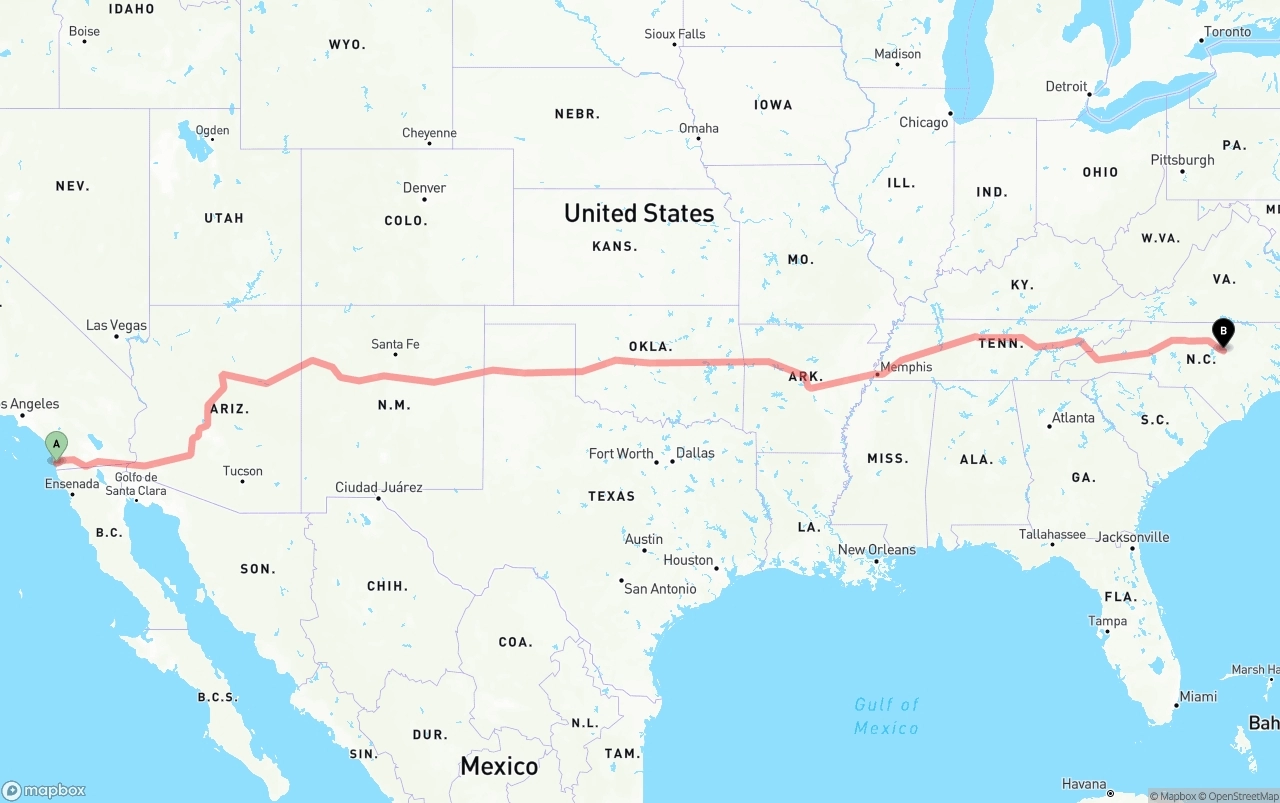 Shipping route from San Diego to Raleigh