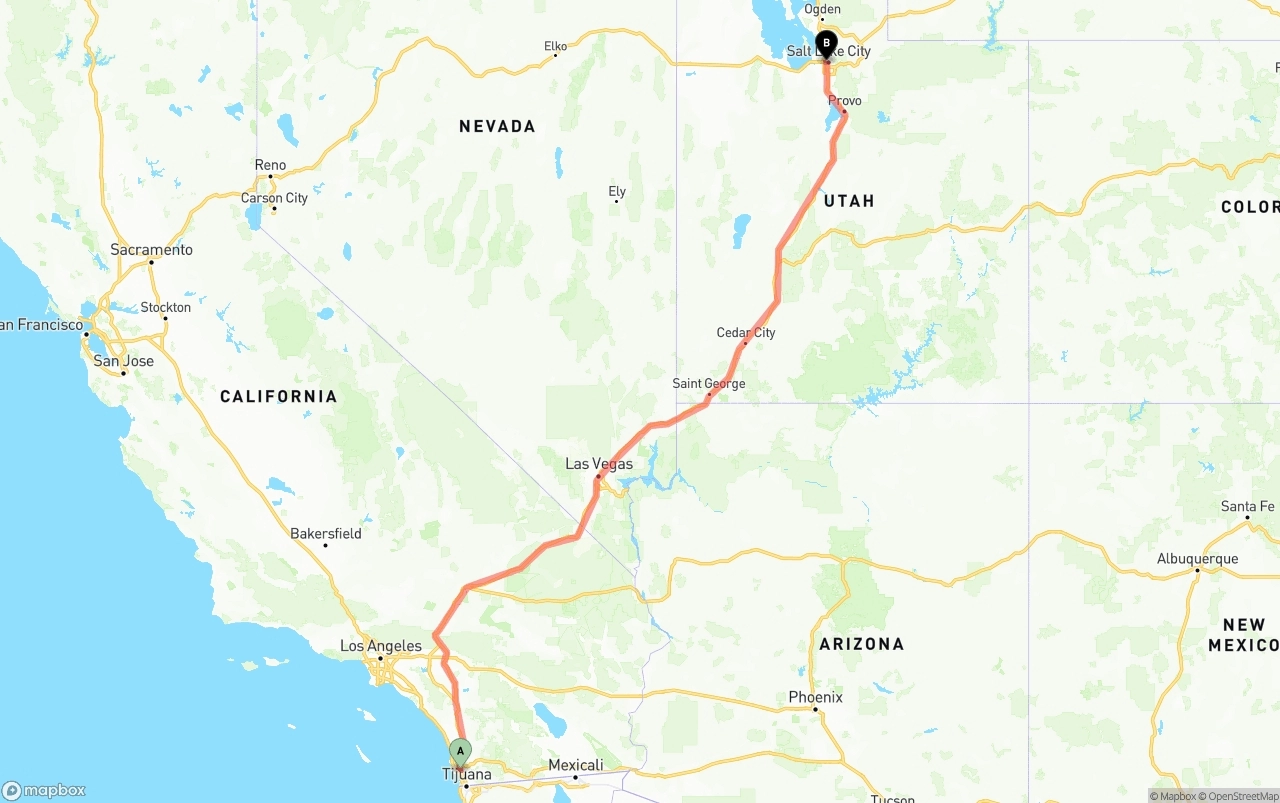 Shipping route from San Diego to Salt Lake City
